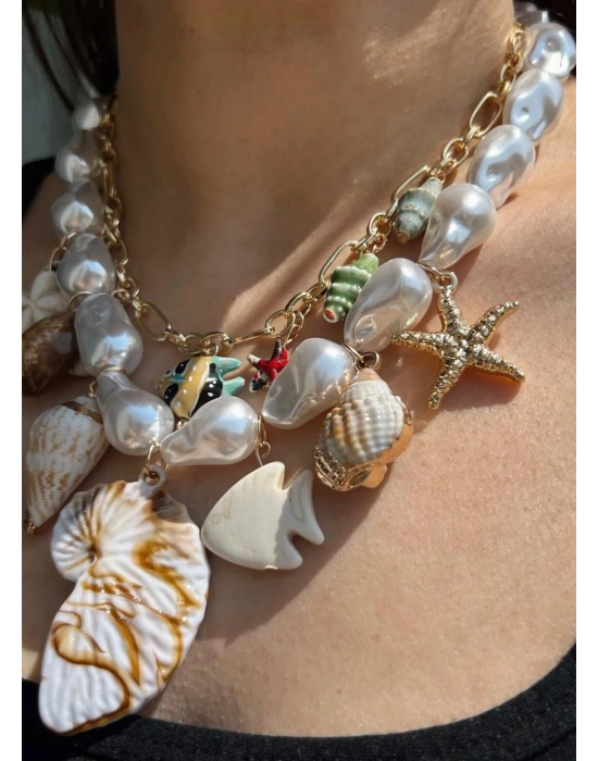 İnci ve Deniz Kabuğu Detaylı Kolye
