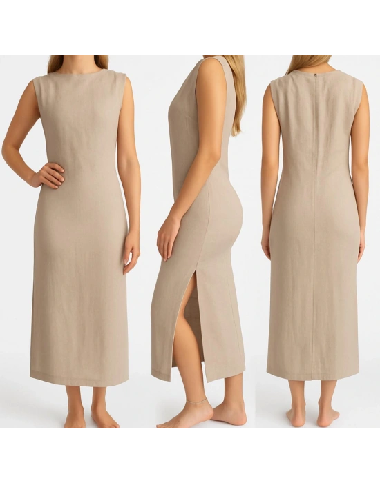 Krem Yırtmaçlı Elbise