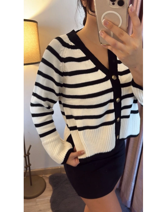 Çizgili V Yaka Beyaz Siyah Hırka