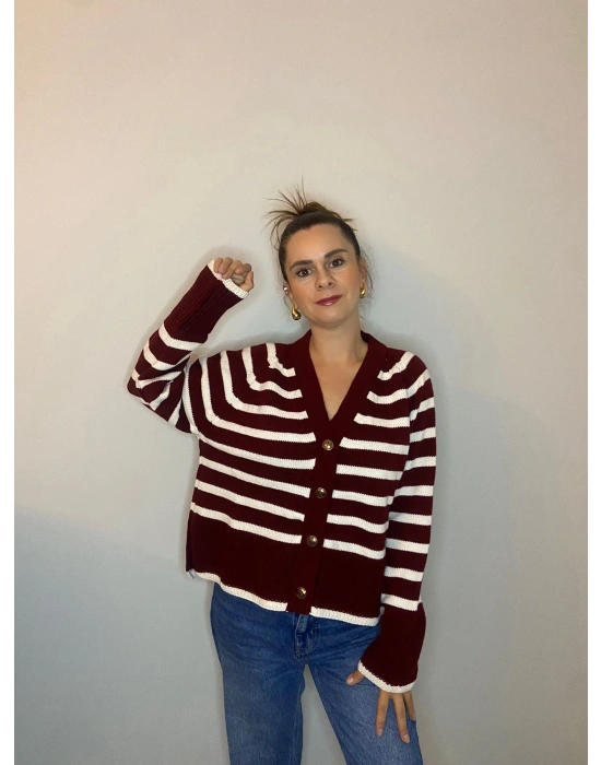 Çizgili V Yaka Hırka Bordo Beyaz