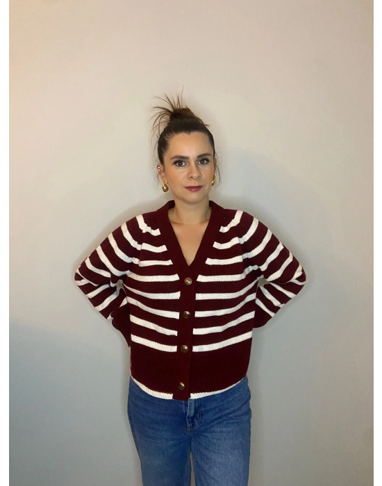 Çizgili V Yaka Hırka Bordo Beyaz
