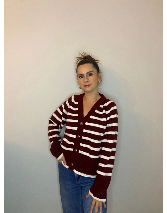 Çizgili V Yaka Hırka Bordo Beyaz