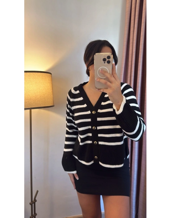 Çizgili V Yaka Hırka Siyah Beyaz