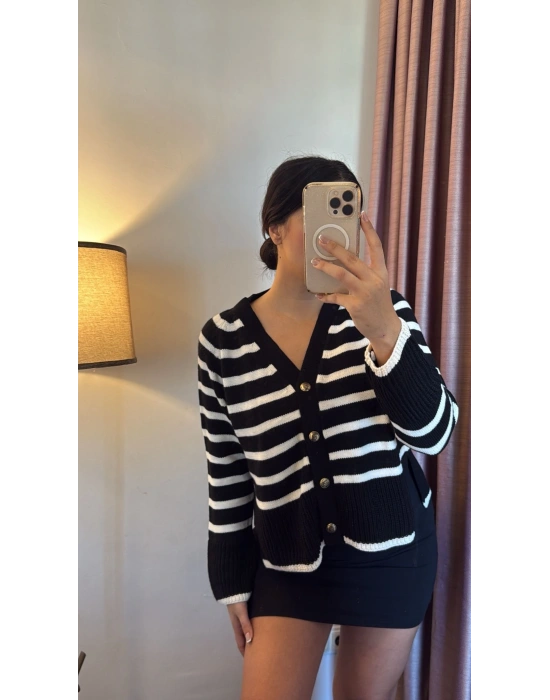 Çizgili V Yaka Hırka Siyah Beyaz