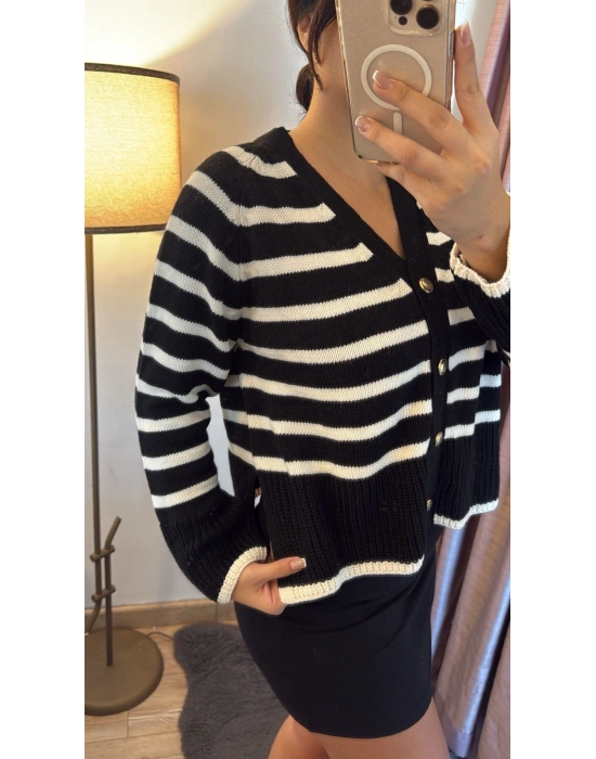 Çizgili V Yaka Hırka Siyah Beyaz