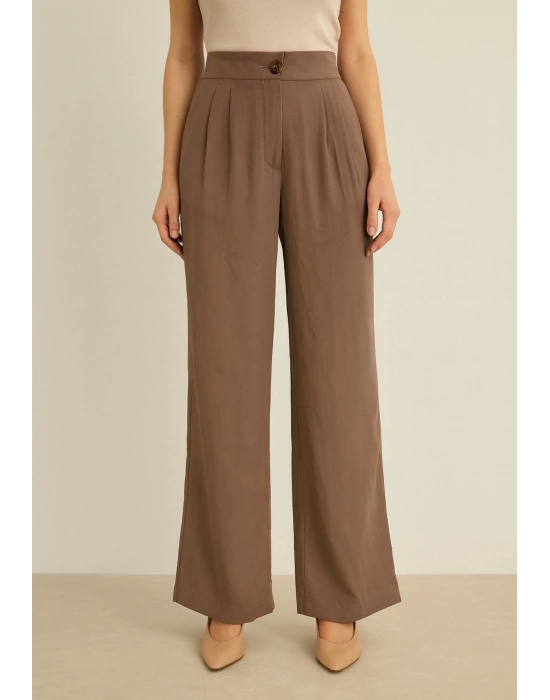 Üstü Pileli Tek Düğmeli Kahverengi Pantolon