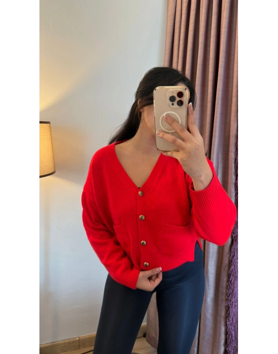 Kırmızı Gold Düğmeli Hırka