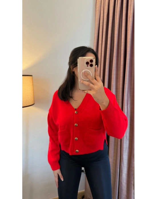 Kırmızı Gold Düğmeli Hırka