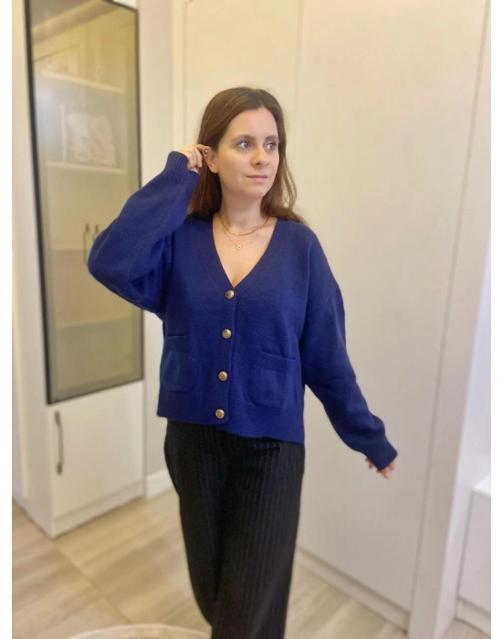 Lacivert Gold Düğmeli Hırka