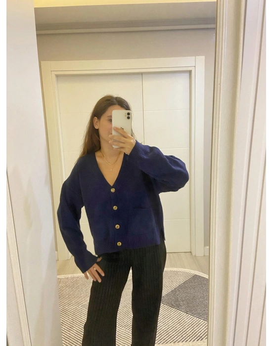 Lacivert Gold Düğmeli Hırka