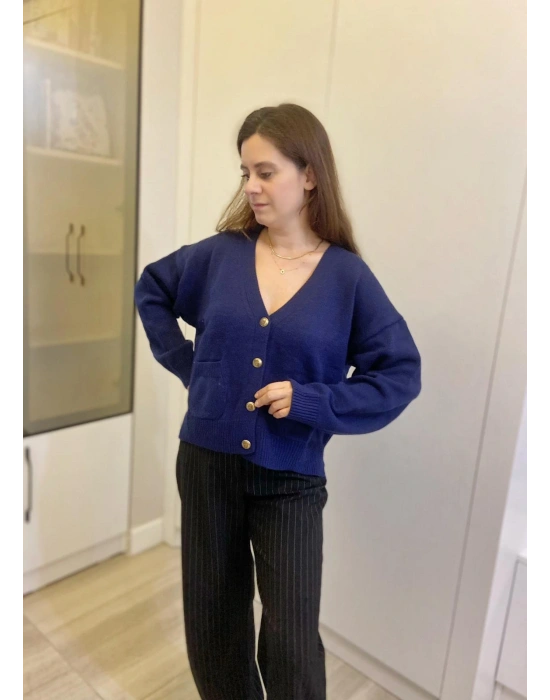 Lacivert Gold Düğmeli Hırka