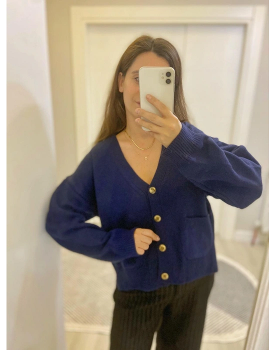 Lacivert Gold Düğmeli Hırka