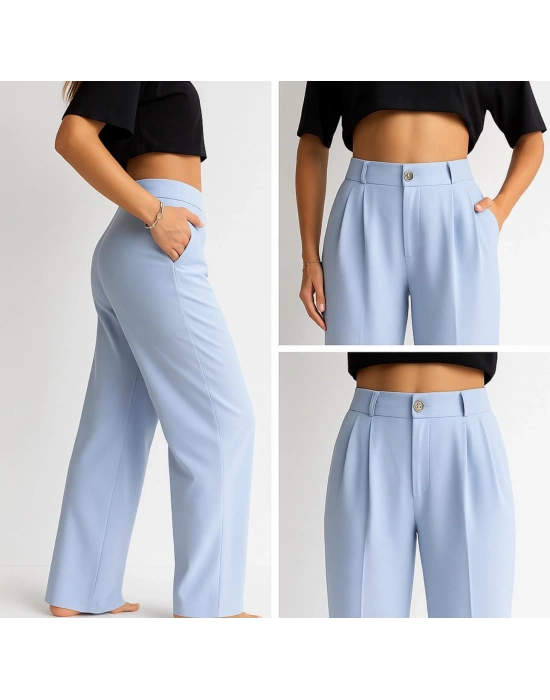 Mavi Pantolon Önden Tek Düğmeli