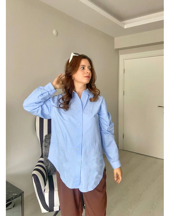 Ortası Çizgili Mavi Gömlek