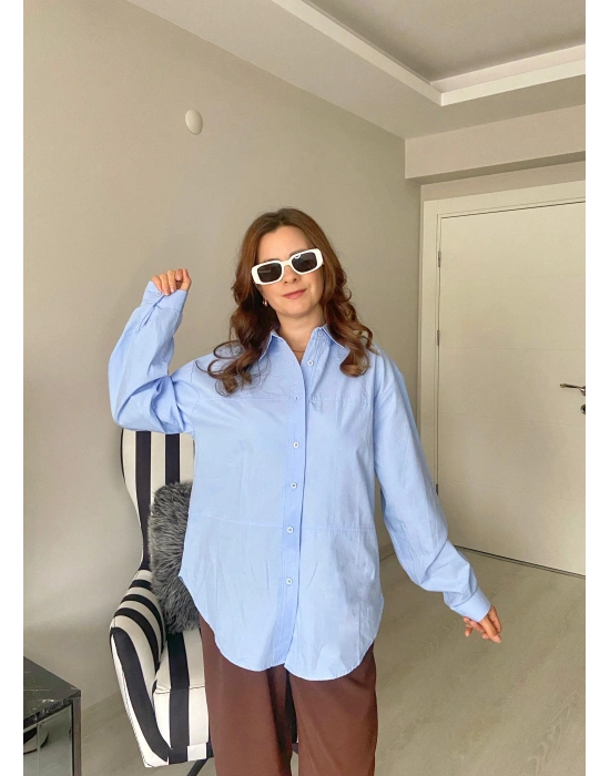 Ortası Çizgili Mavi Gömlek