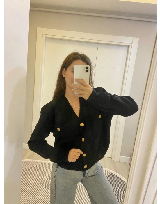 Siyah Gold Düğmeli Hırka