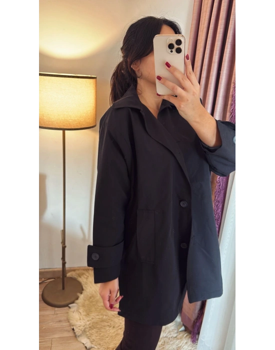 Siyah Kısa Trençkot