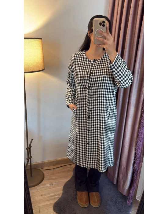 Siyah Kareli Uzun Elbise