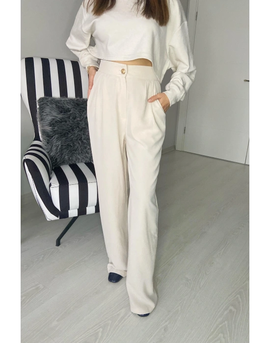 Düz Kemer Tek Düğmeli Bej Pantolon