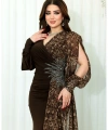 Kristal Buzi Leopar Dijital Şifon Baskılı Taş Aksesuarlı Uzun Elbise Abiye