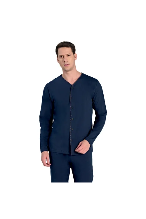 Over Sleep 2313 Erkek Uzun Kol Büyük Beden Önden Düğmeli Pijama Takım ı (L-XL-XXL-3XL)