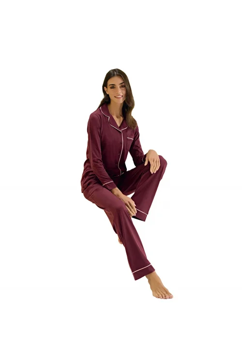 Over Sleep 3304 Kadın Uzun Kol Modal Önden Düğmeli Pijama Takım (M-L-XL-XXL)