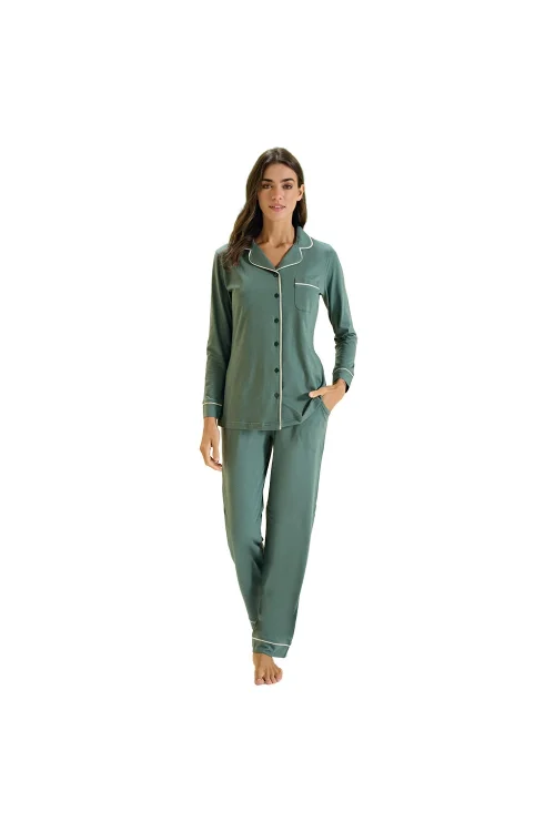 Over Sleep 3307 Kadın Uzun Kol Modal Önden Düğmeli Pijama Takım (M-L-XL-XXL)