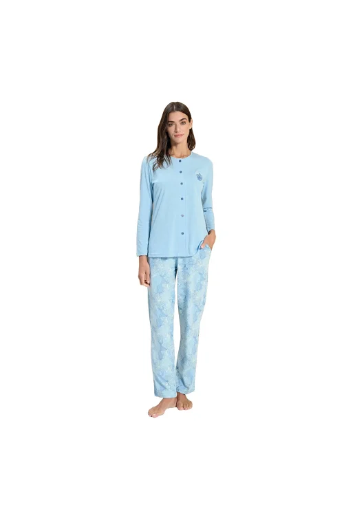 Over Sleep 3314 Kadın Uzun Kol Büyük Beden Önden Düğmeli Modal Pijama Takım (L-XL-XXL-3XL)
