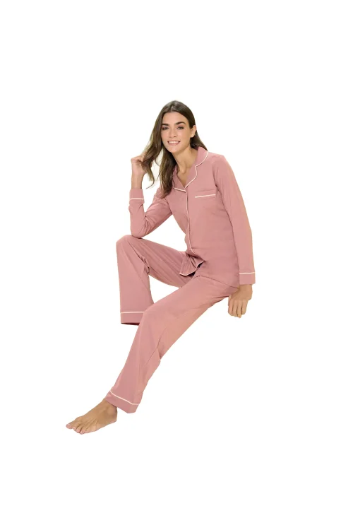 Over Sleep 3305 Kadın Uzun Kol Modal Önden Düğmeli Pijama Takım (M-L-XL-XXL)