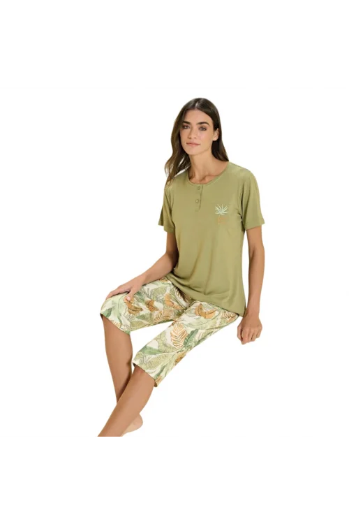 Over Sleep 3369 Kadın Yazlık Viskon Büyük Beden Kapri Pijama Takım (L-XL-2XL-3XL)