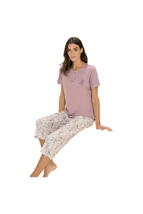 Over Sleep 3371 Kadın Yazlık Viskon Büyük Beden Kapri Pijama Takım (XL-2XL-3XL-4XL)