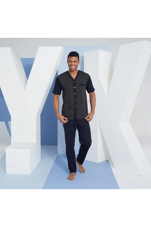 Kly 2097 Erkek V- Yaka Düğmeli Pijama Takım