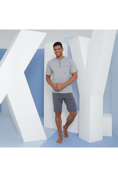 Kly 9604 Erkek Midi Yaka 3lü Pijama  Takım