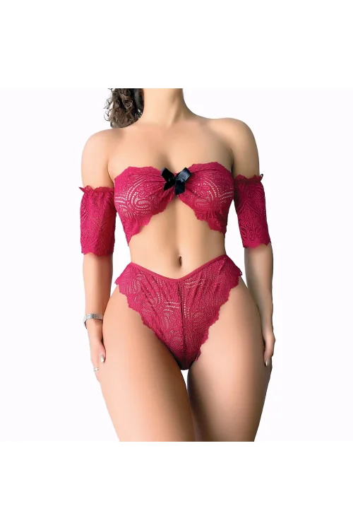 Nightlight 1062 Kadın Fiyonk Detaylı Kırmızı Dantel Sütyen Külot Takım