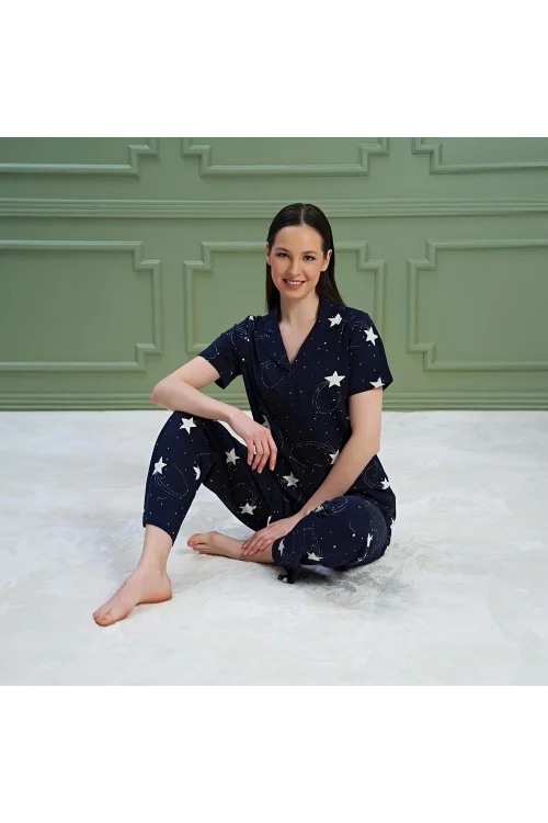 Over Sleep 1171 Kadın Kısa Kol Önden Düğme Pijama Takım