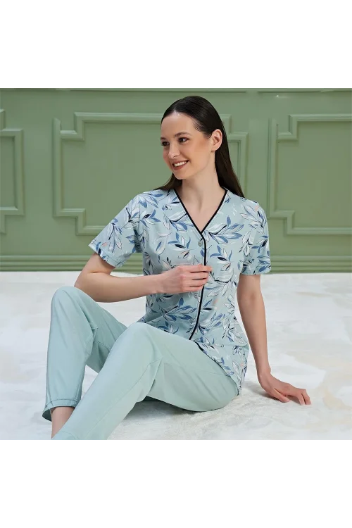 Over Sleep 1173 Kadın Kısa Kol Önden Düğme Pijama Takım