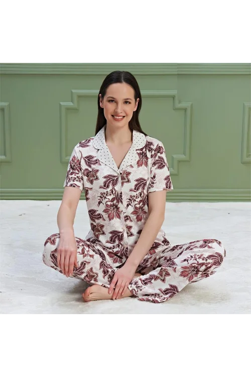 Over Sleep 1323 Kadın Kısa Kol Önden Düğme Pijama Takım