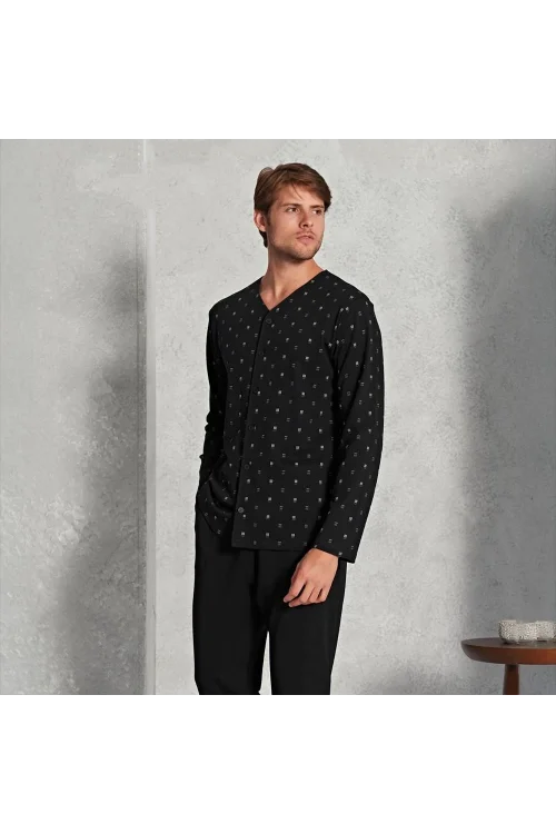 Over Sleep 1579 Erkek Kışlık Büyük Beden Uzun Kol İnterlok Önden Düğme Pijama Takım