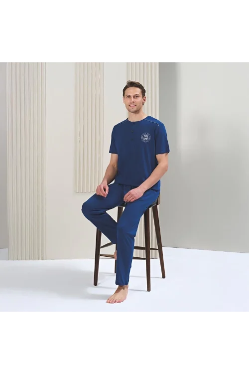 Over Sleep 1710 Erkek Kısa Kol Uzun Alt Yazlık Büyük Beden Pijama Takım