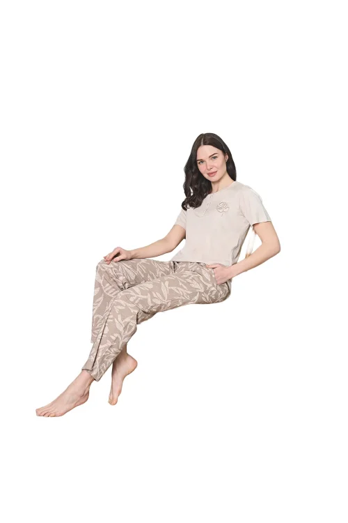 Over Sleep 1818 Kadın Kısa Kol Uzun Alt Yazlık Modal Pijama Takım