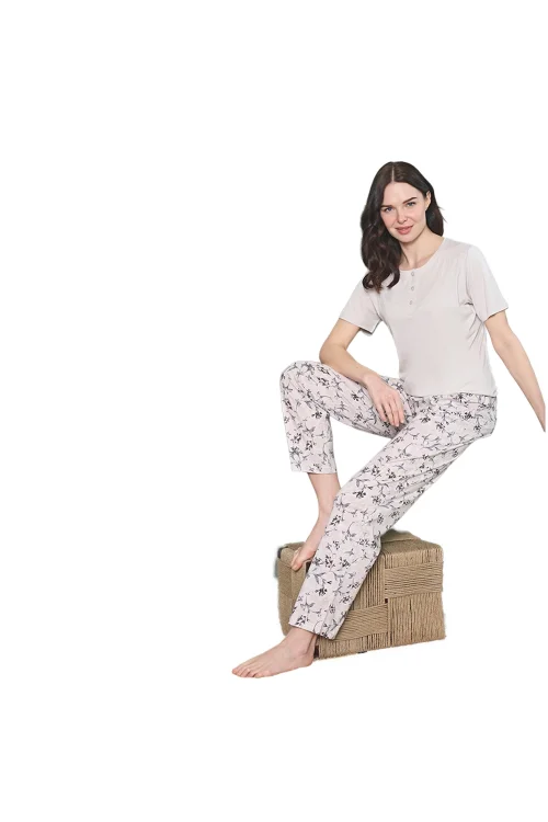 Over Sleep 1820 Kadın Kısa Kol Uzun Alt Yazlık Modal Pijama Takım