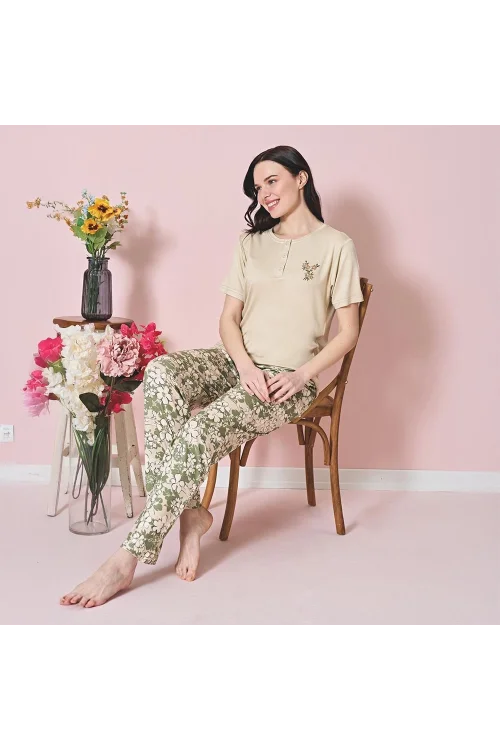 Over Sleep 1827 Kadın Kısa Kol Viskon Yazlık Pijama Takım