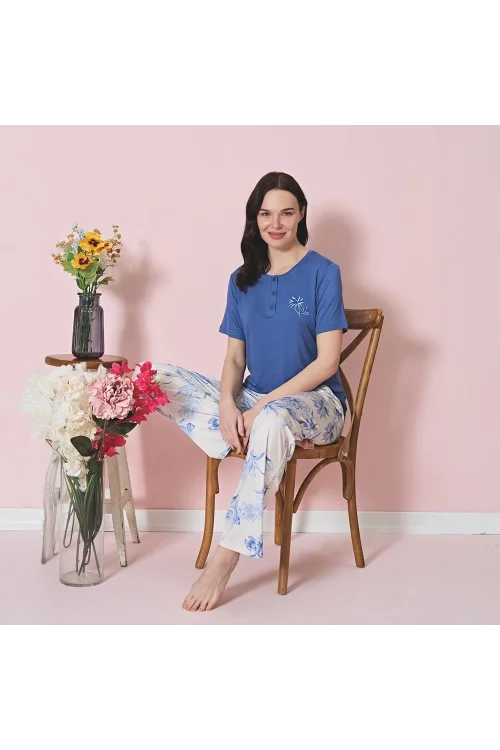 Over Sleep 1828 Kadın Kısa Kol Viskon Yazlık Pijama Takım