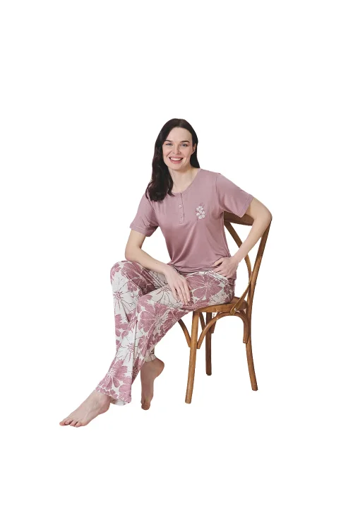 Over Sleep 1838 Kadın Uzun Kol Viskon Büyük Beden Pijama Takım