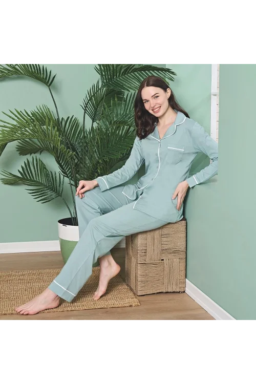 Over Sleep 1865 Kadın Uzun Kol Modal  Dört Mevsim Pijama Takım