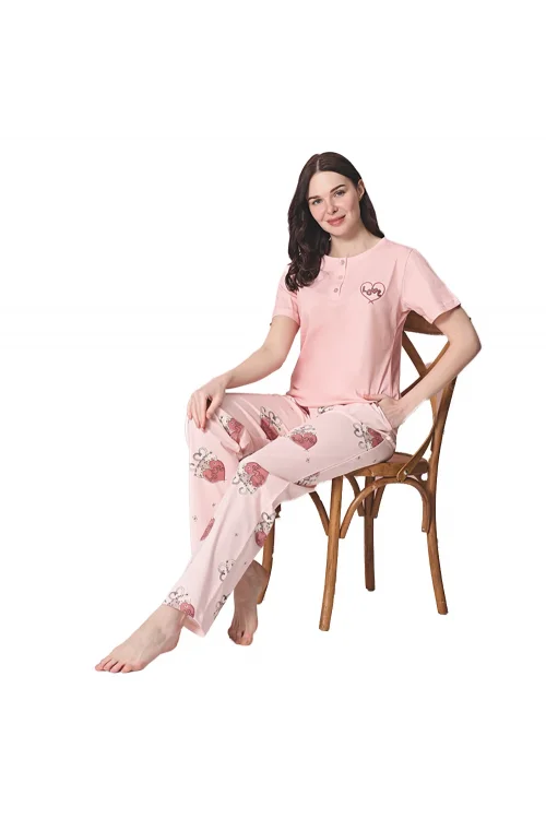 Over Sleep 1868 Kadın Kısa Kol Uzun Alt Yazlık Modal Pijama Takım