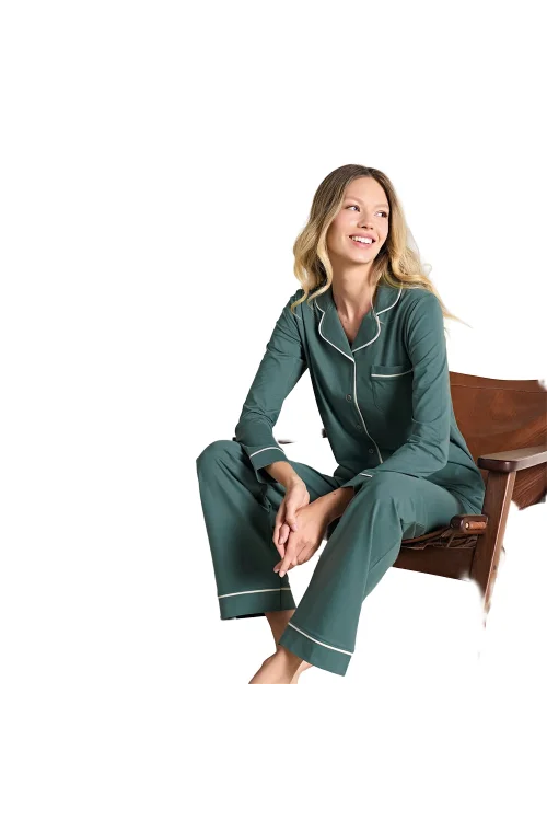 Over Sleep 3103 Kadın Kışlık Ön Düğmeli Uzun Kollu V-Yaka Yeşil Pijama Takımı