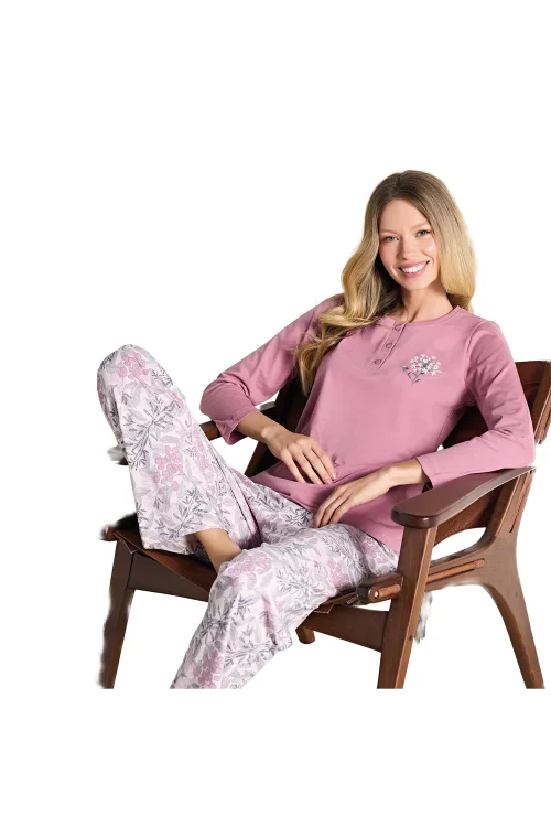 Over Sleep 3112 Kadın Büyük Beden Ön Üç Düğme Kışlık Pijama Takımı