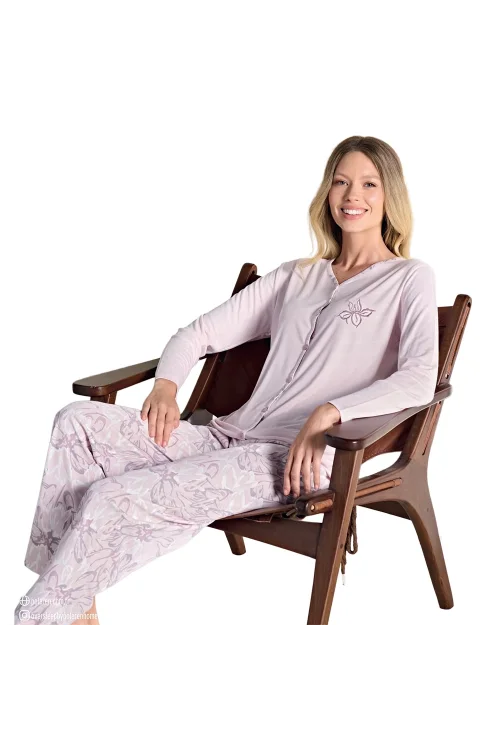 Over Sleep 3114 Kadın Melisa Büyük Beden Ön Üç Düğme Kışlık Pijama Takımı
