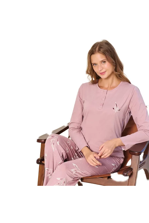 Over Sleep 3138 Kadın Kışlık Likralı Süprem Büyük Beden Önü Üç Düğmeli Pijama Takımı